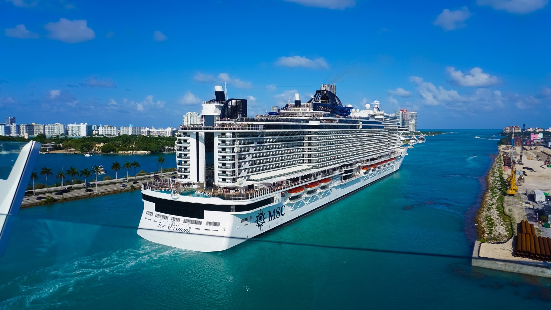 Miami, USA - April 29, 2022: MSC Seashore cruise ship prepares for departure from Miami
