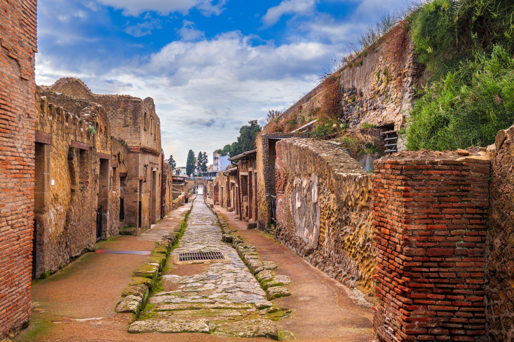 Ancient Roman streets and ruins at Herculaneum archaeological site in Italy
