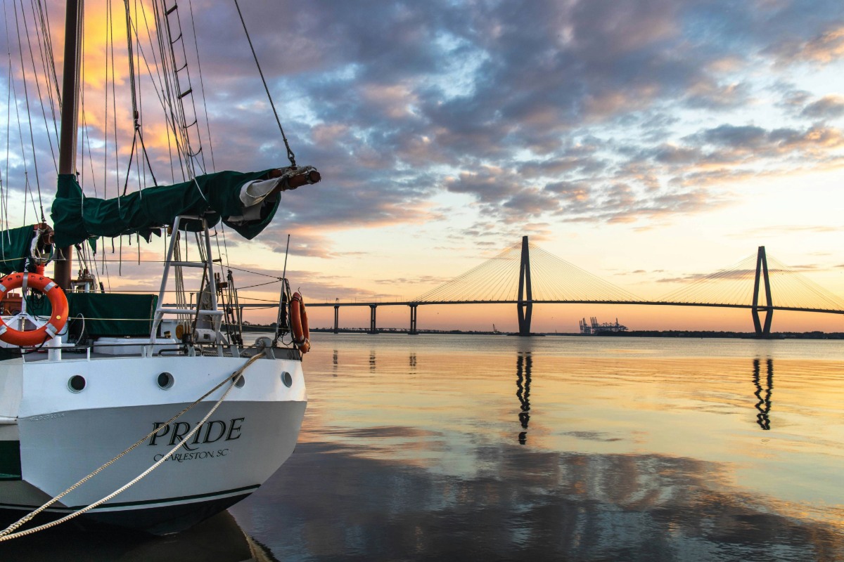 Charleston Harbor sunset for an article about Atlantic Coast towns and East Coast beach towns.
