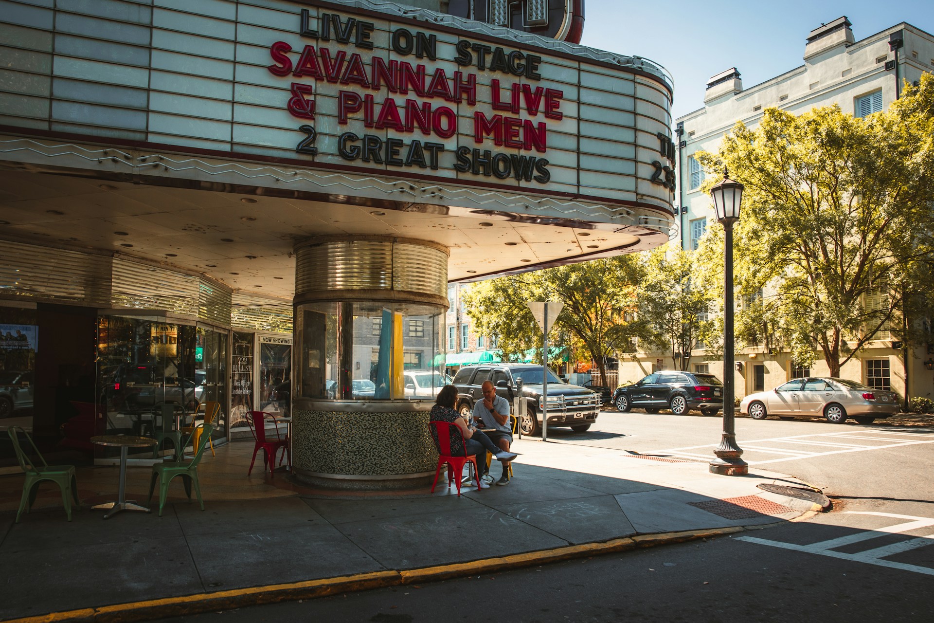 Historic theater marquee in downtown Savannah Georgia with old-school charm