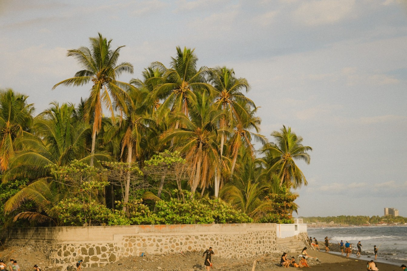 Palm trees and visitors on a black sand Pacific beach at golden hour in El Salvador with coastal town visible in the distance