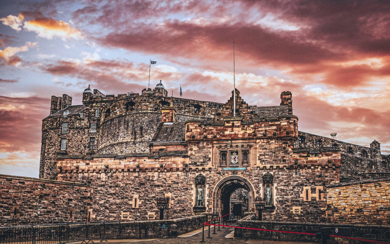Edinburgh Castle entrance and fortress at sunset in Scotland