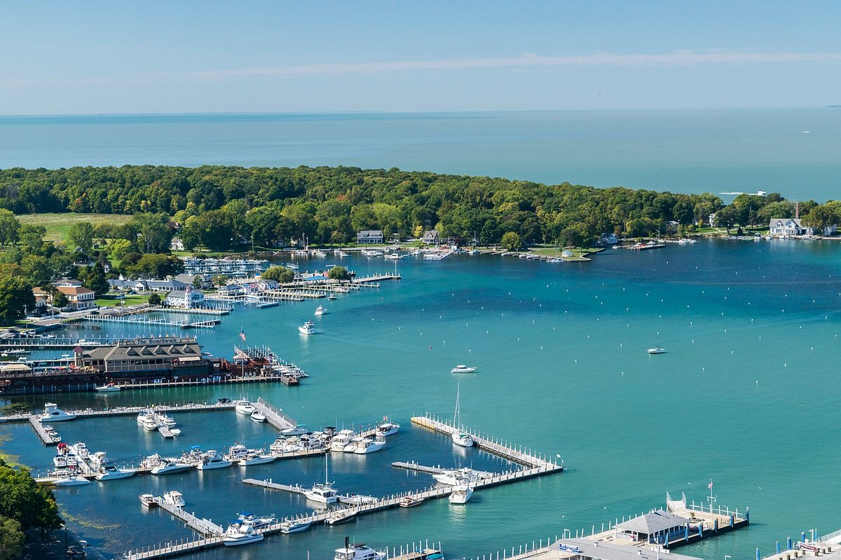 Aerial view of Put-In-Bay harbor and marina on Lake Erie