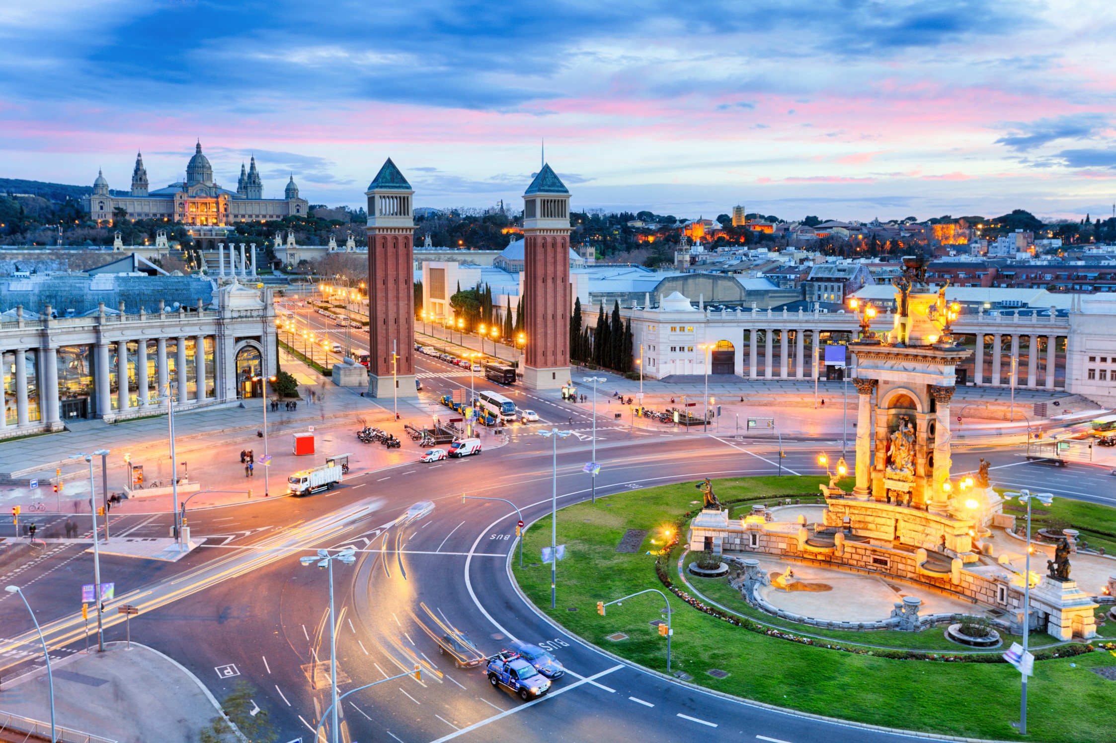 Dusk view of Barcelona, Spain. Plaza de Espana
