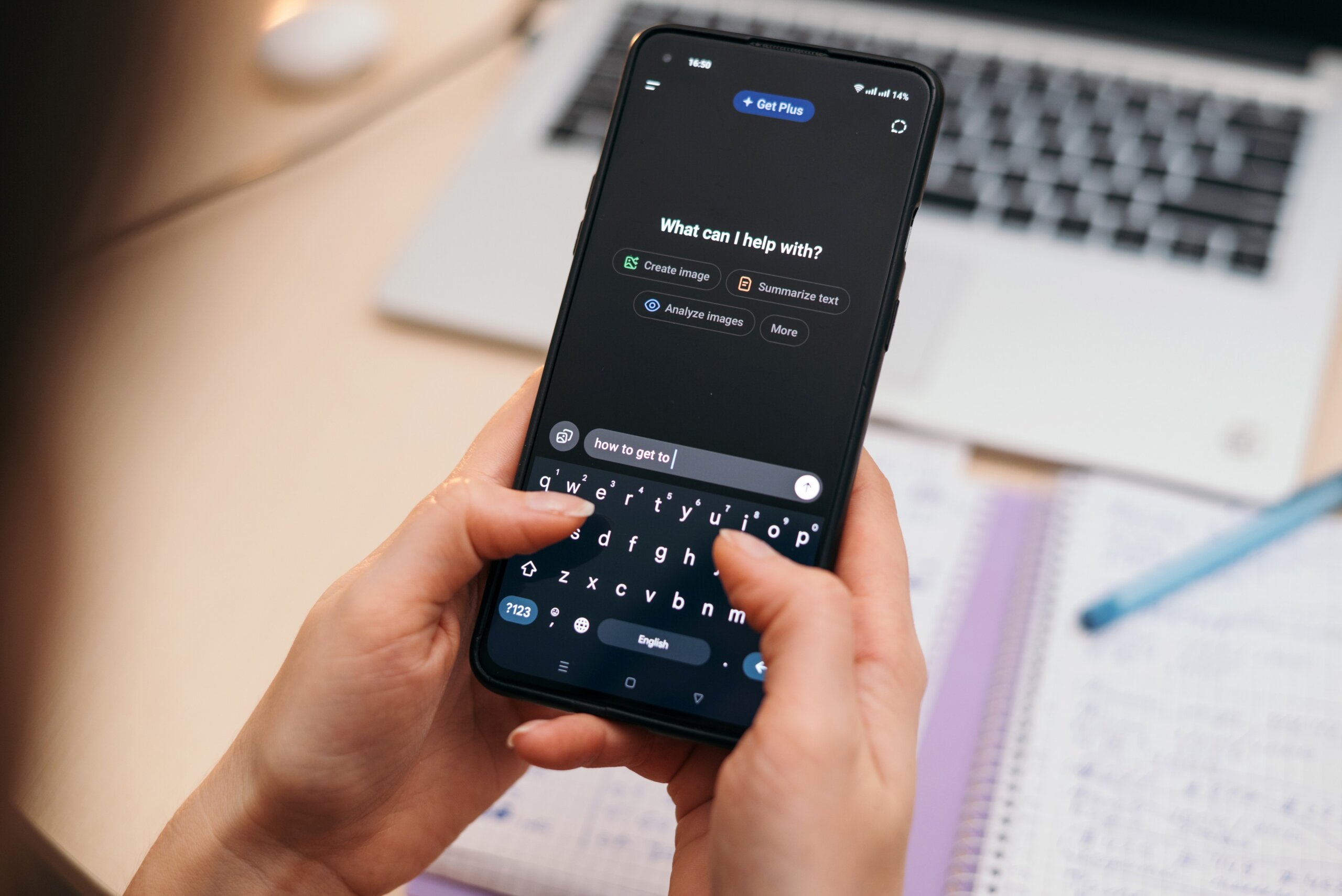 Traveler using an AI chatbot on a smartphone for vacation planning and travel research