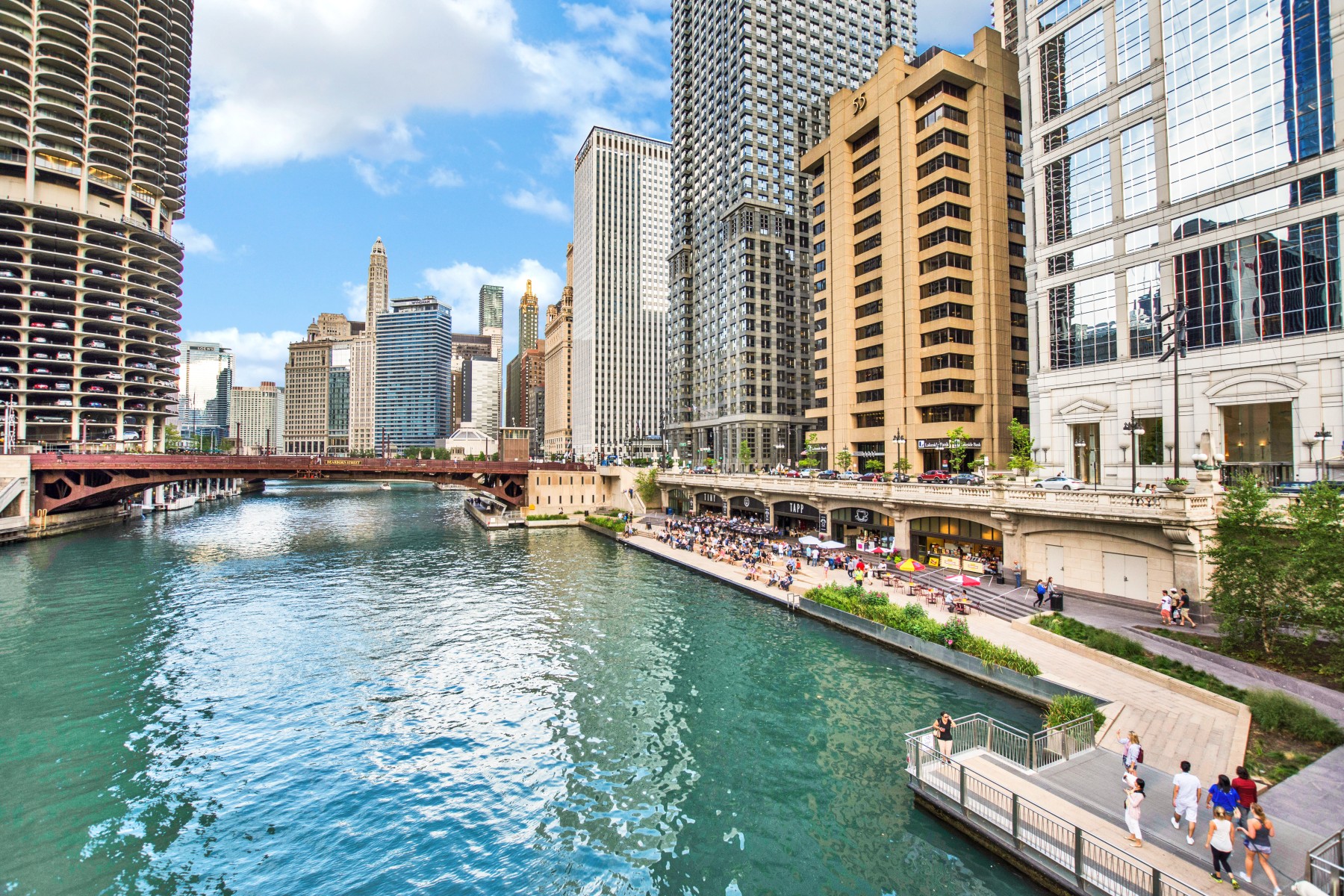 Northern Chicago River Riverwalk on North Branch Chicago River in Chicago, Illinois