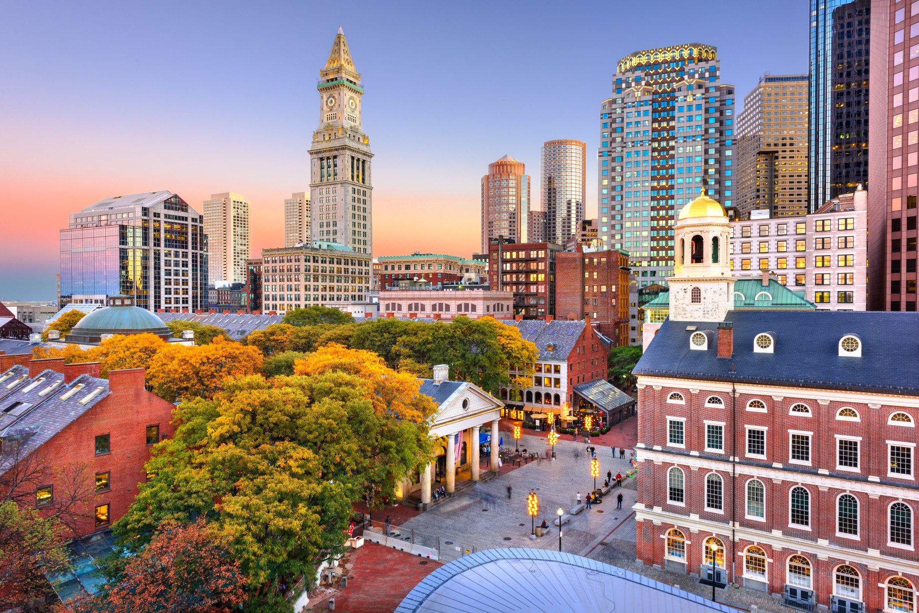 Boston skyline and historic Faneuil Hall featured in free day trips in the US guide