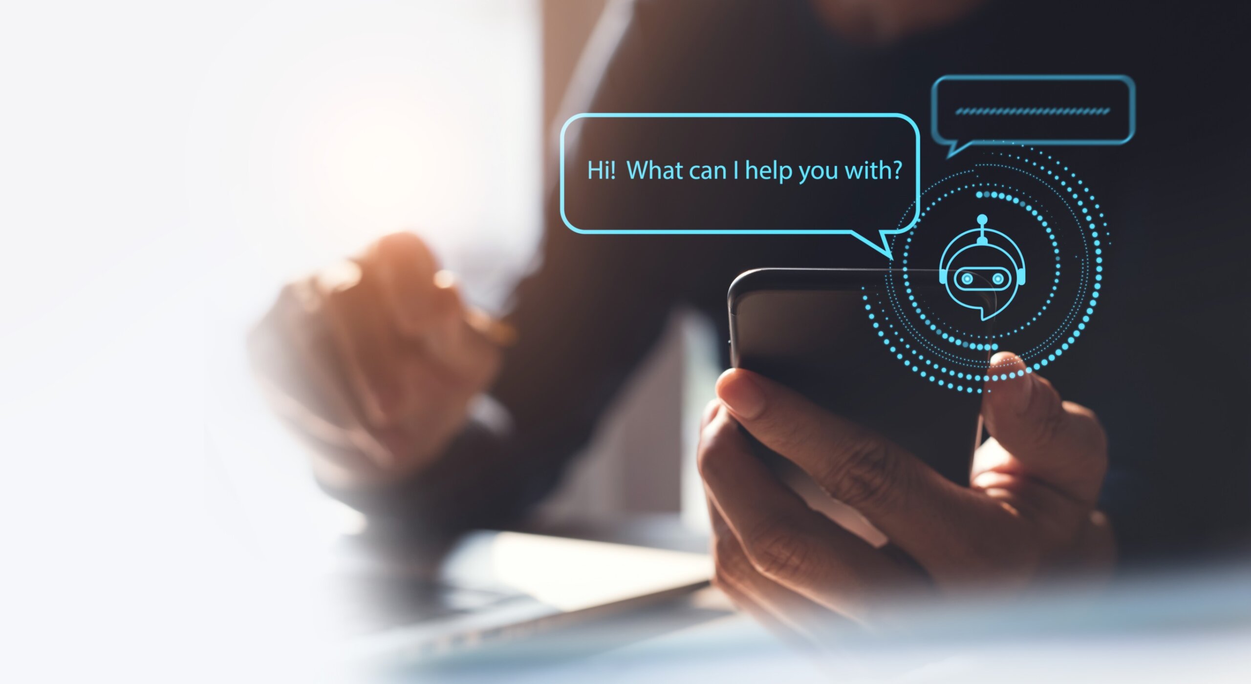 Digital chatbot, robot application, conversation assistant, AI Artificial Intelligence concept. Man using mobile smart phone, with digital chatbot on virtual screen, customer service 
